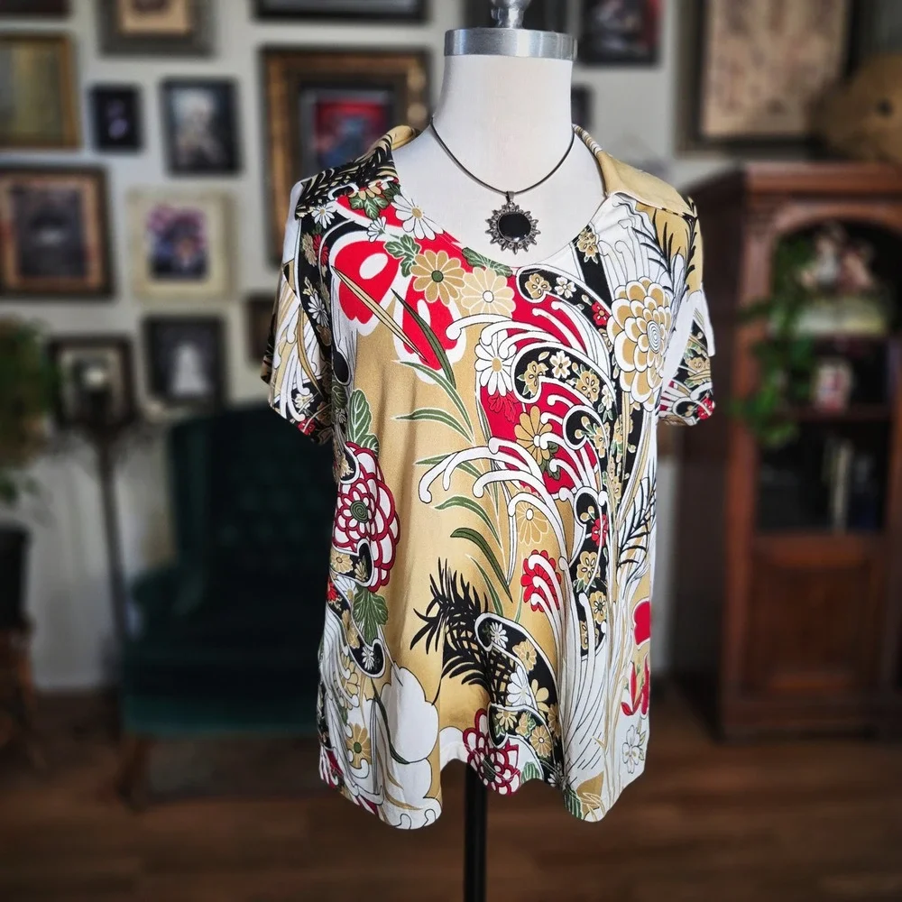 Vintage‎ 70s First Choice Of California Floral Short Sleeve Blouse Top Shirt
